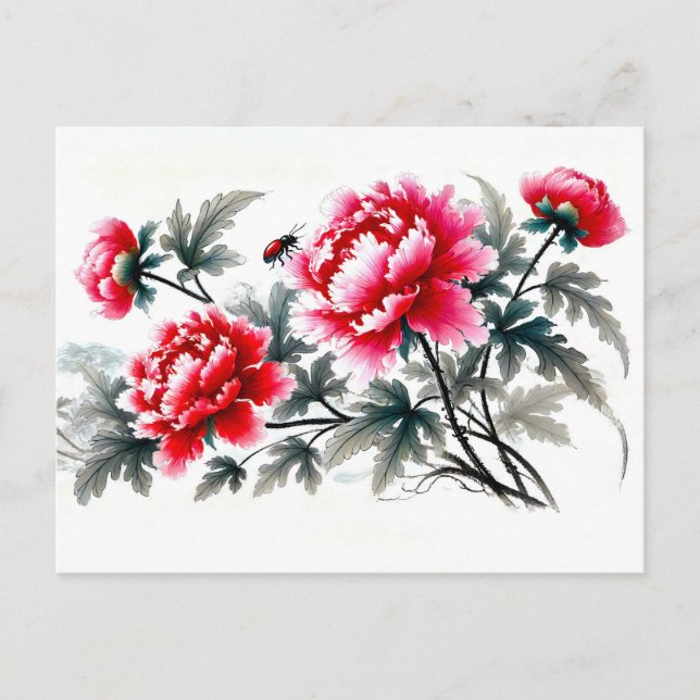Peonies in Red Asian Ink Painting Holiday Postcard (Front)