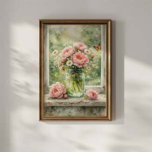 Peonies in Vintage Glass Jar Poster