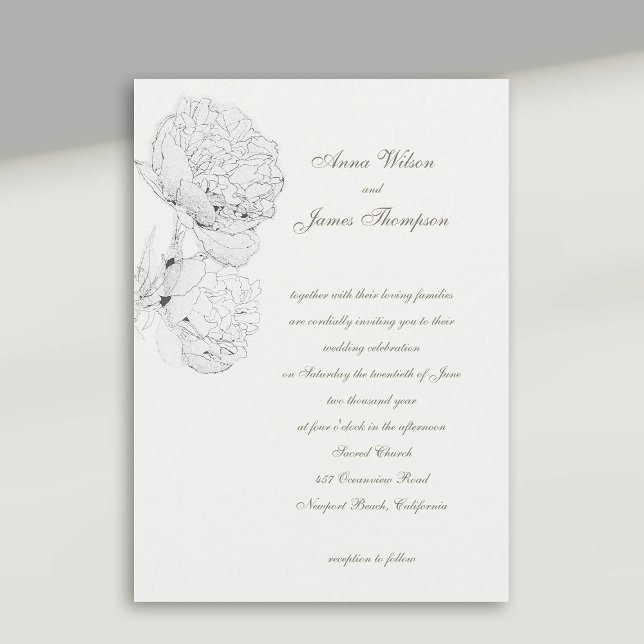 Peonies Ink Ivory White Formal Calligraphy Wedding Invitation (peony wedding invitation large blooms ink sketch ivory white formal calligraphy modern classic)