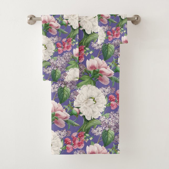 Peonies & Lilacs Flower Garden Watercolor Pattern Bath Towel Set (Insitu)