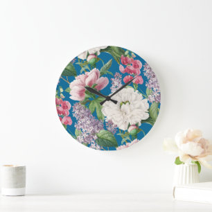 Peonies & Lilacs Flower Garden Watercolor Pattern Large Clock