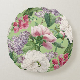 Peonies & Lilacs Flower Garden Watercolor Pattern Round Cushion