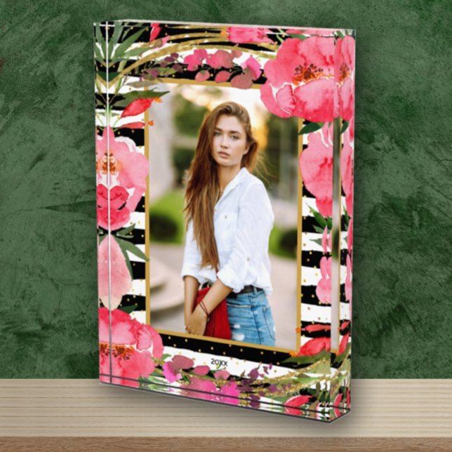 Peonies on Black White Stripes Gold Dots Custom Photo Block (Creator Uploaded)