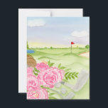 Peonies On Golf Course Postcard<br><div class="desc">This postcard showcases a hand-painted golf course scene with a vintage-style golf bag filled with soft pink peonies and classic clubs. A graceful blend of floral beauty and golf charm,  perfect for any occasion.</div>