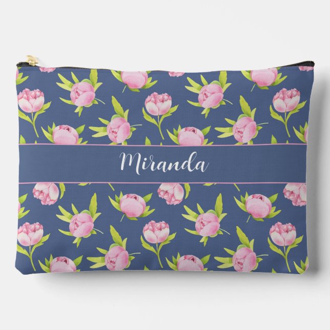 Peonies Pattern with Custom Name Large Accessory Pouch (Front)