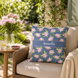 Peonies Pattern with Custom Name Pillow