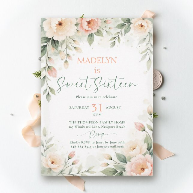 Peonies Peach Pink Elegant Script Floral Sweet 16 Invitation (sweet sixteen birthday invitation peony floral peach pink green script elegant classy chic )