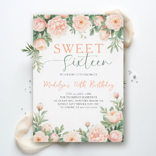 Peonies Peach Pink Floral Elegant Script Sweet 16 Invitation