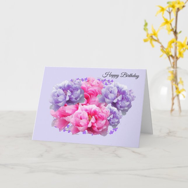 Peonies Pink and Purple Birthday Card (Yellow Flower)