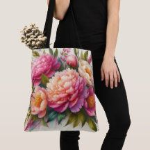 Peonies Pink Floral Large Tote Bag