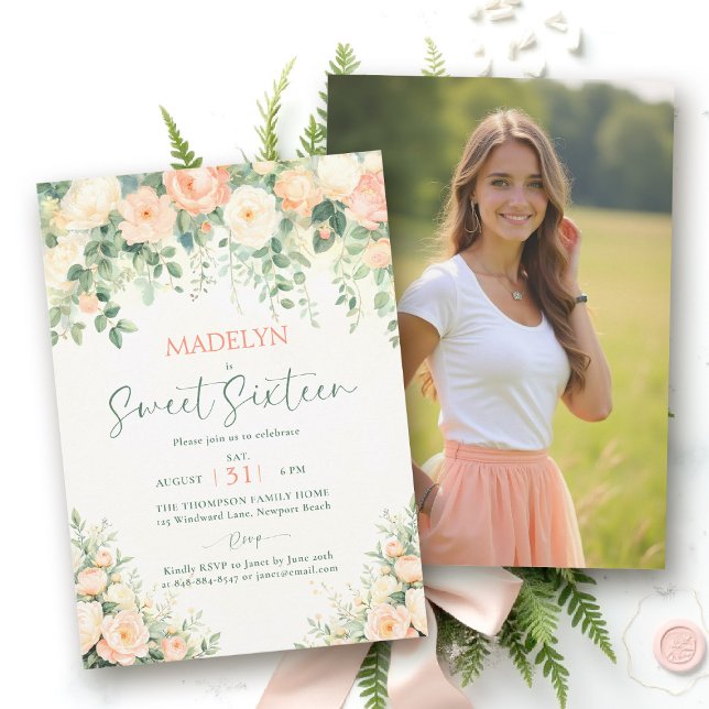 Peonies Pink Peach Script Elegant Photo Sweet 16 Invitation (sweet sixteen birthday invitation peony floral peach pink green script elegant classy photo)
