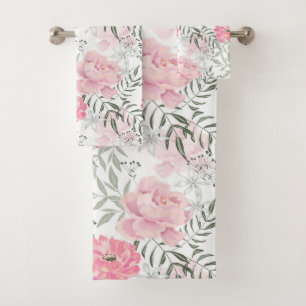 Peonies pink rose flowers  bath towel set