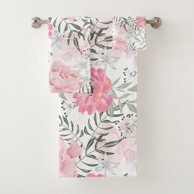 Peonies pink rose flowers bath towel set (Insitu)