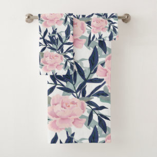 Peonies pink rose flowers flower garden bouquet bath towel set