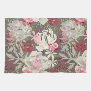 Peonies pink rose flowers flower garden bouquet tea towel
