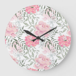 Peonies pink rose flowers large clock
