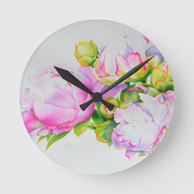 Peonies, pink, white, floral watercolor painting round clock (Front)