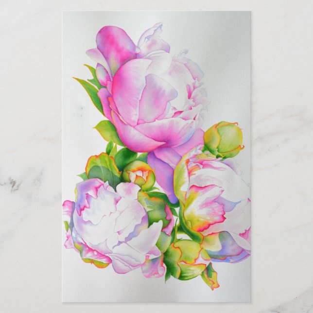 Peonies, pink, white, floral watercolor painting stationery (Front)