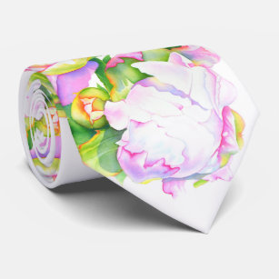 Peonies, pink, white, floral watercolor painting tie