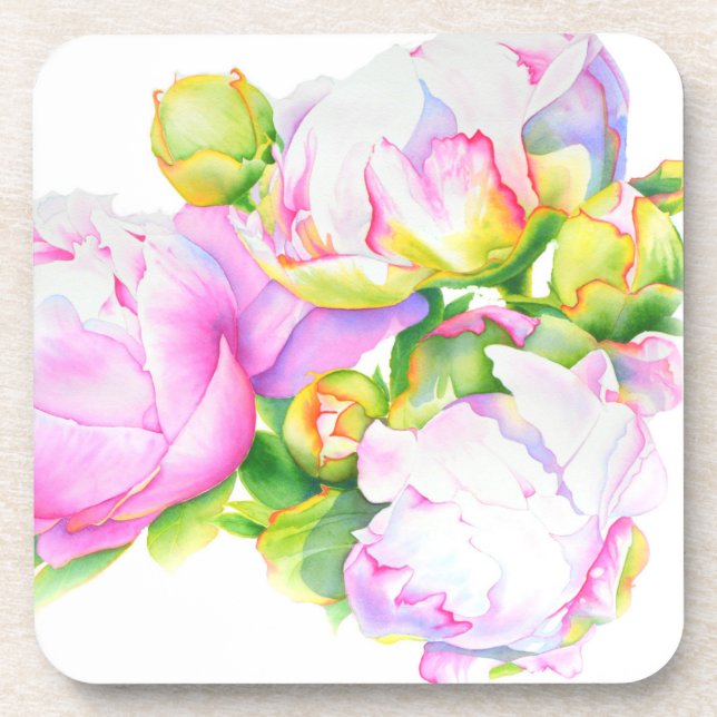 Peonies, pink, white, watercolor floral painting coaster (Front)