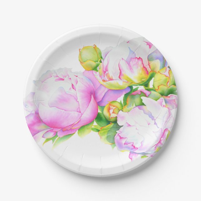 Peonies, pink, white, watercolor floral painting paper plate (Front)
