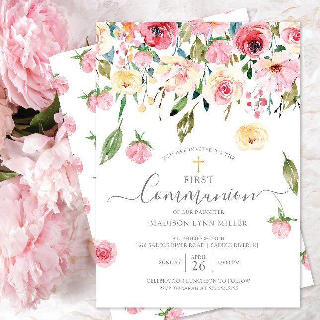 Peonies Rose Floral First Communion Invitation (Creator Uploaded)