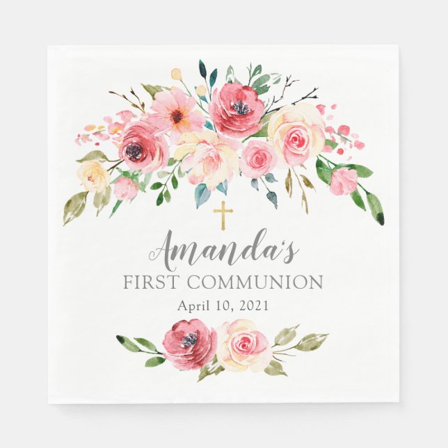 Peonies Rose Floral First Communion Napkin (Front)