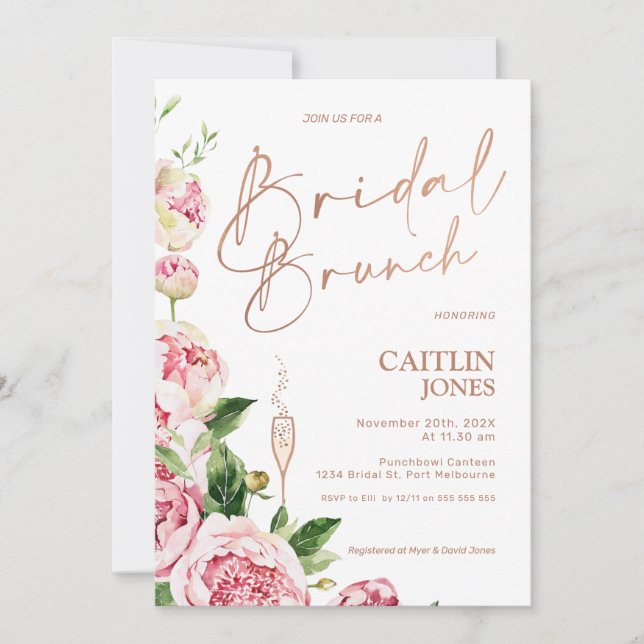 Peonies Rose Gold Bridal Brunch Brunch Shower Invitation (Front)