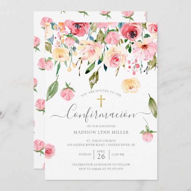 Peonies Rose Spanish Confirmation Invitation (Front/Back)