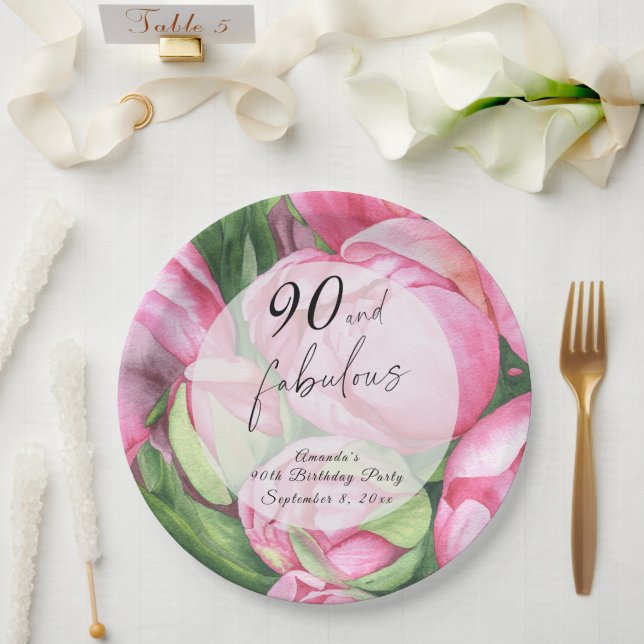 Peonies roses 90th Birthday Party  Paper Plate (Wedding)