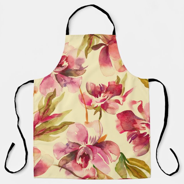 Peonies Seamless Pattern. Watercolor Background.  Apron (Front)