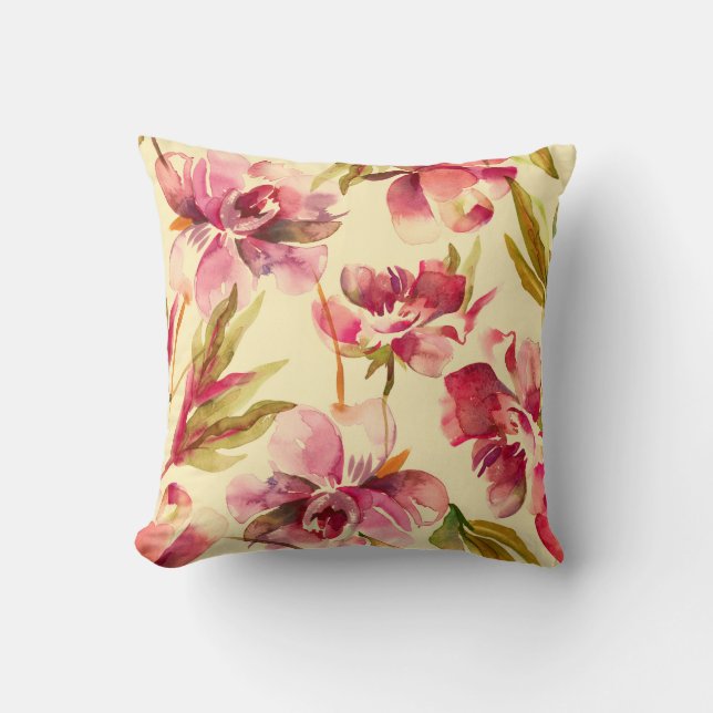 Peonies Seamless Pattern. Watercolor Background.  Cushion (Front)