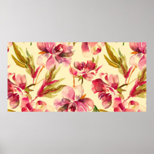 Peonies Seamless Pattern. Watercolor Background. Poster