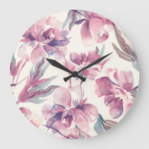Peonies watercolor: seamless floral background. large clock