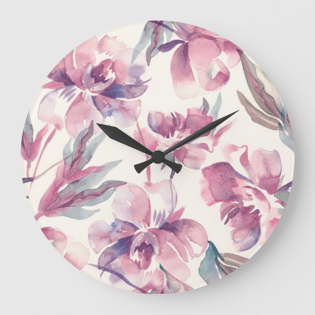 Peonies watercolor: seamless floral background. large clock (Front)