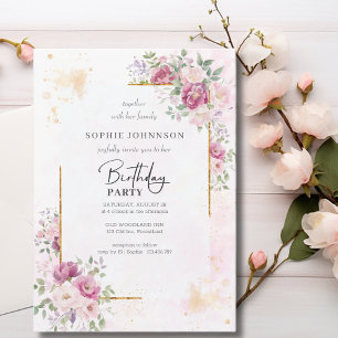 Peonies with gold frame birthday invitation