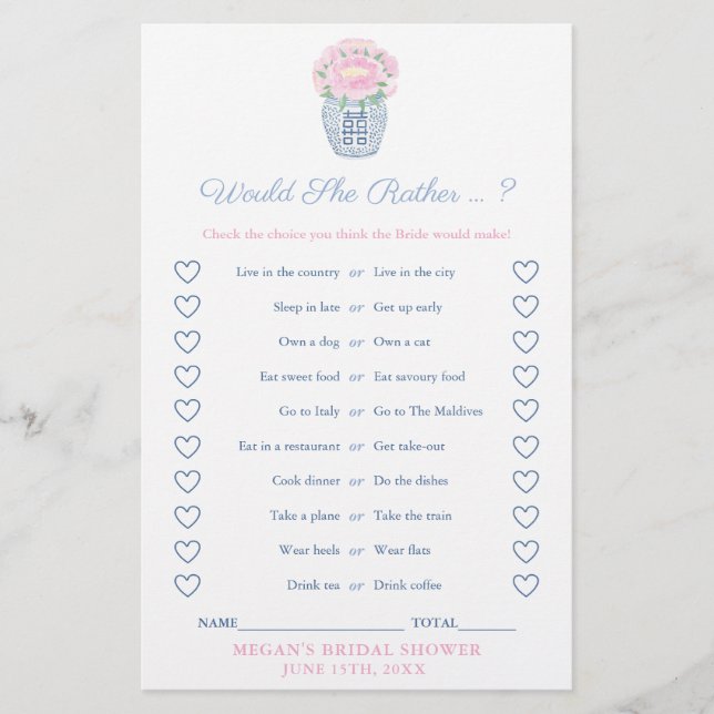 Peonies Would She Rather Bridal Shower Game Card (Front)