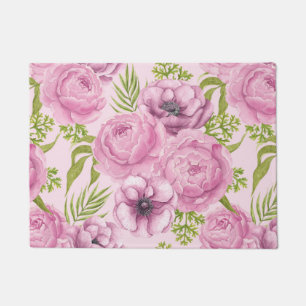 Peony and anemone flowers watercolor doormat