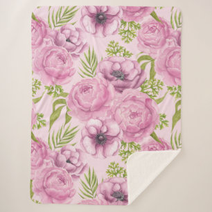 Peony and anemone flowers watercolor sherpa blanket