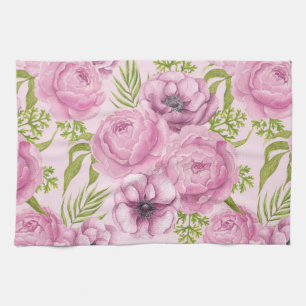 Peony and anemone flowers watercolor tea towel