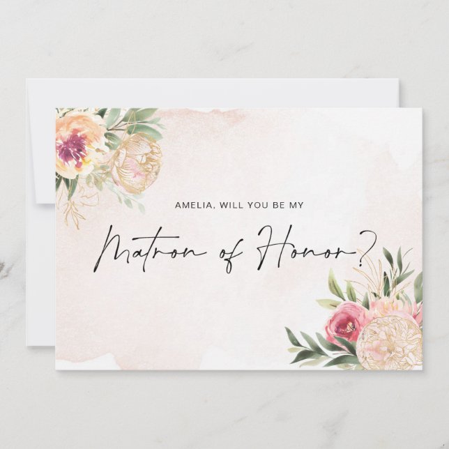 Peony and Gold Bloom Matron of Honor Flat Card (Front)