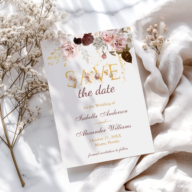 Peony and Gold Burgundy Floral Wedding Save The Date (Creator Uploaded)