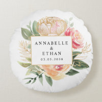 Peony and Gold Flowers Newlyweds Cushion