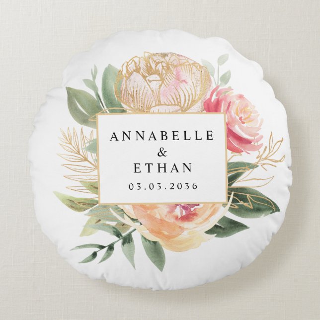 Peony and Gold Flowers Newlyweds Cushion (Front)