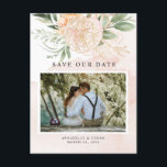 Peony and Gold Flowers Save the date Postcard<br><div class="desc">Designed to coordinate with our Peony and Gold collection, this customizable matching save the date invitation post card features luscious pink and gold peony flowers with green foliage on watercolour background. Please change photo to your own. For more advanced customization of this design, please click the "CUSTOMIZE" button above. Please...</div>