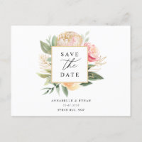 Peony and Gold Flowers Save the date postcard