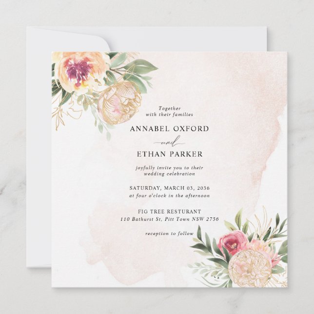Peony and Gold Flowers Square Wedding Invitation (Front)
