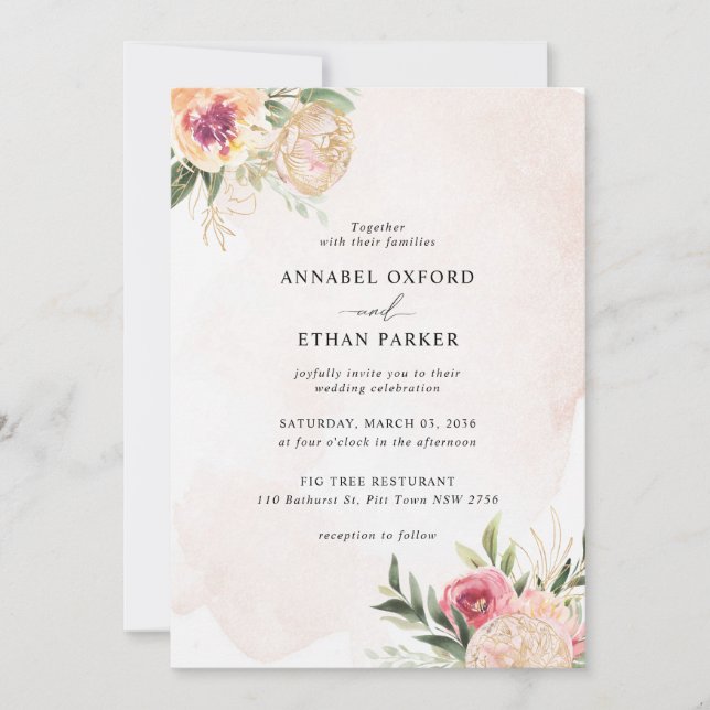 Peony and Gold Flowers Wedding Invitation (Front)