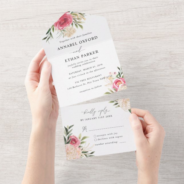 Peony and Gold Foil All in One Wedding Invite (Tearaway)