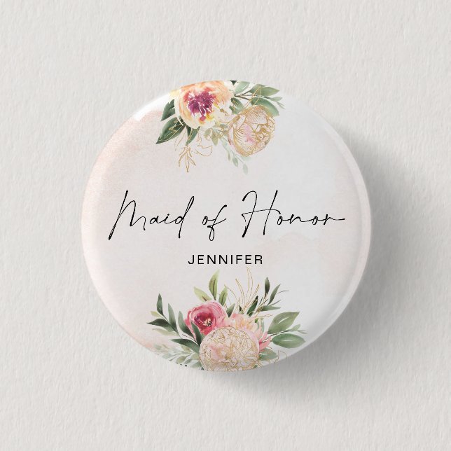 Peony and Gold Foil Bloom Maid of Honour Badge (Front)